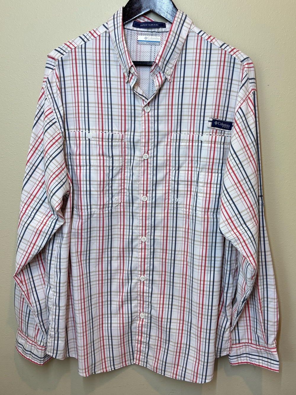 Columbia Men’s PFG Super Tamiami Fishing Shirt,Red & Navy Plaid, large